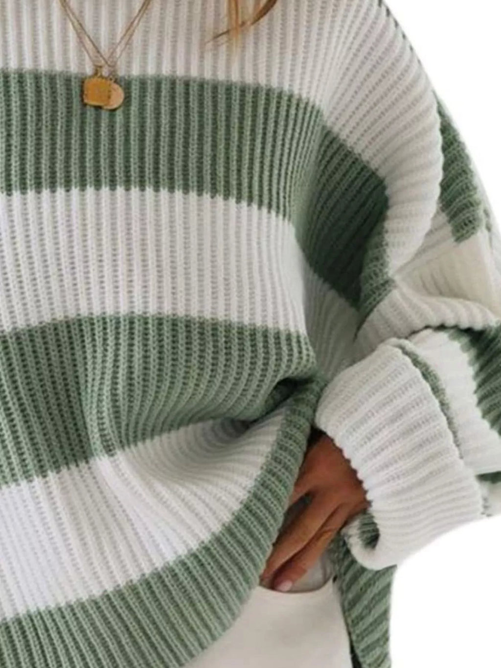 Full Size Contrast Striped Round Neck Sweater Plus Size