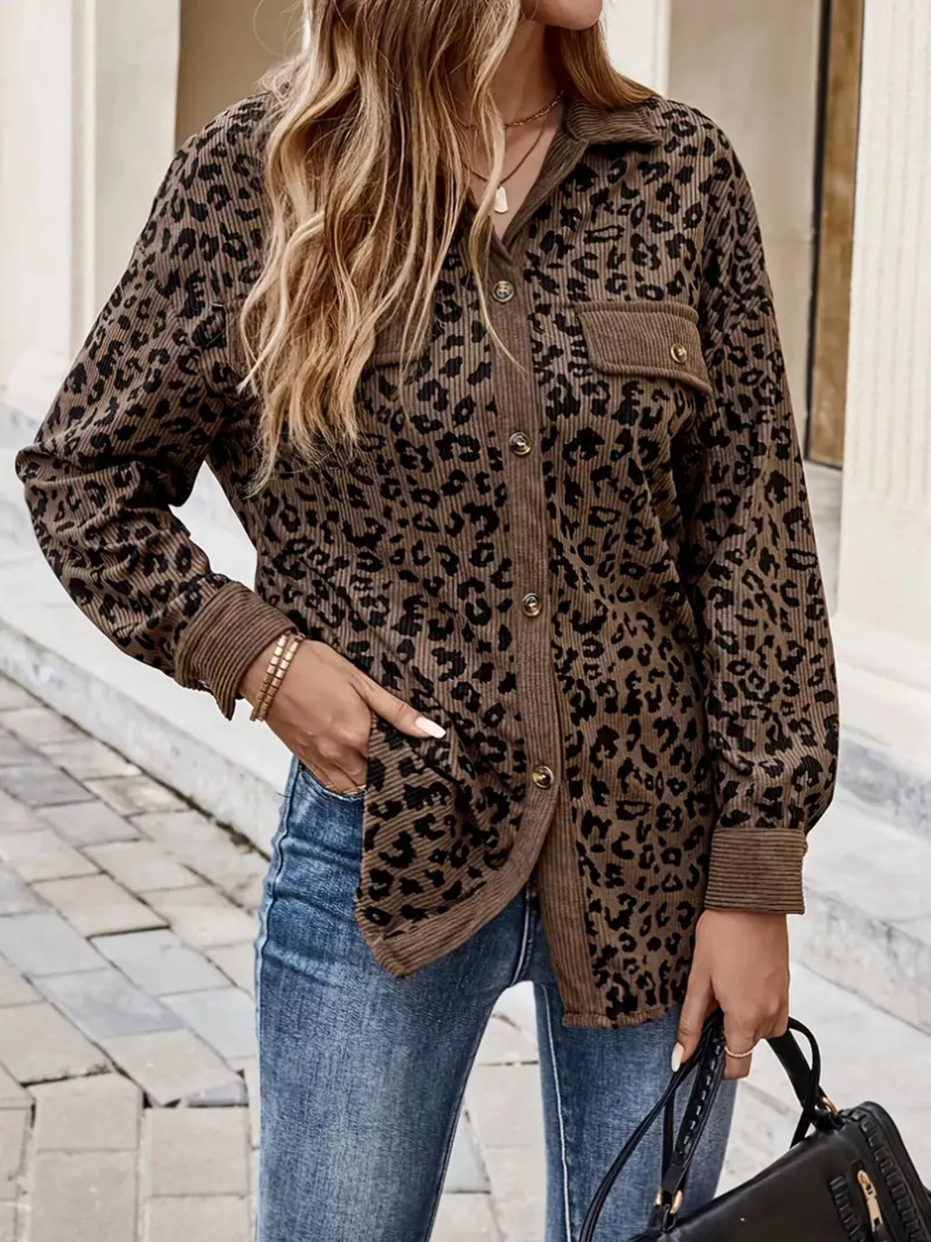 Leopard Print Corduroy Button-Up Jacket