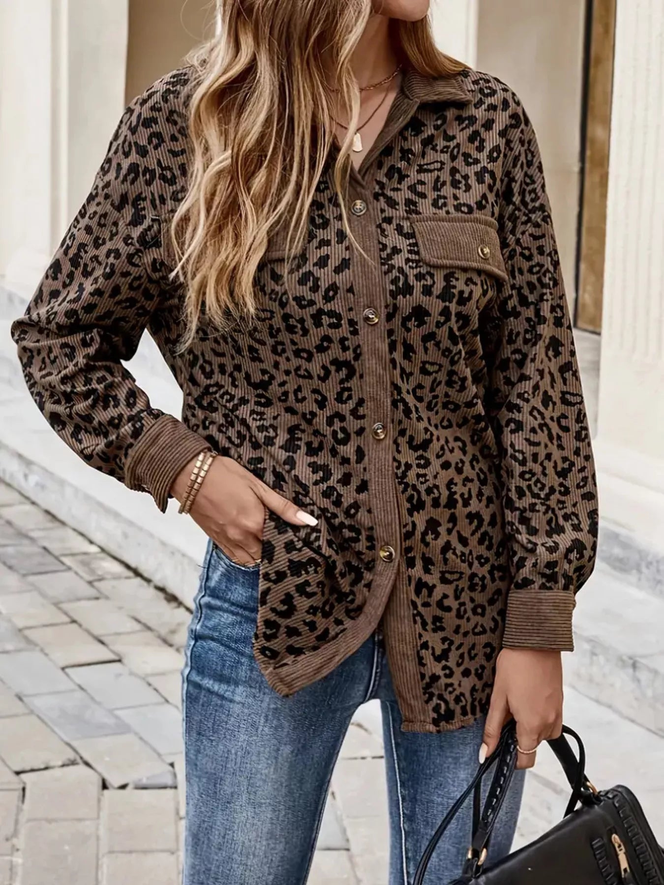 Leopard Print Corduroy Button-Up Jacket
