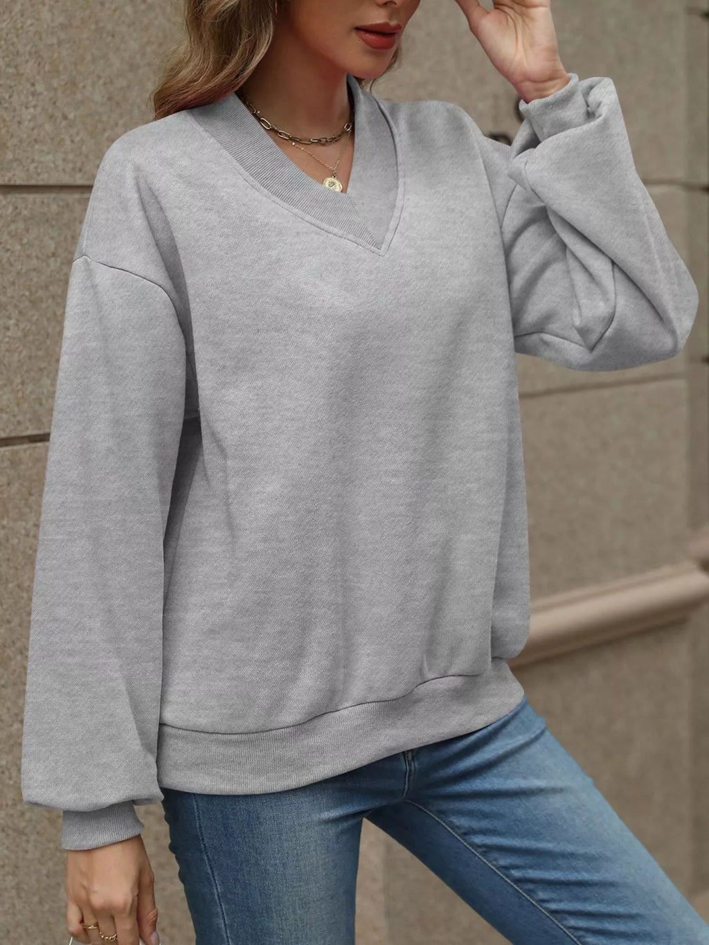 V-Neck Solid Color Casual Sweatshirt