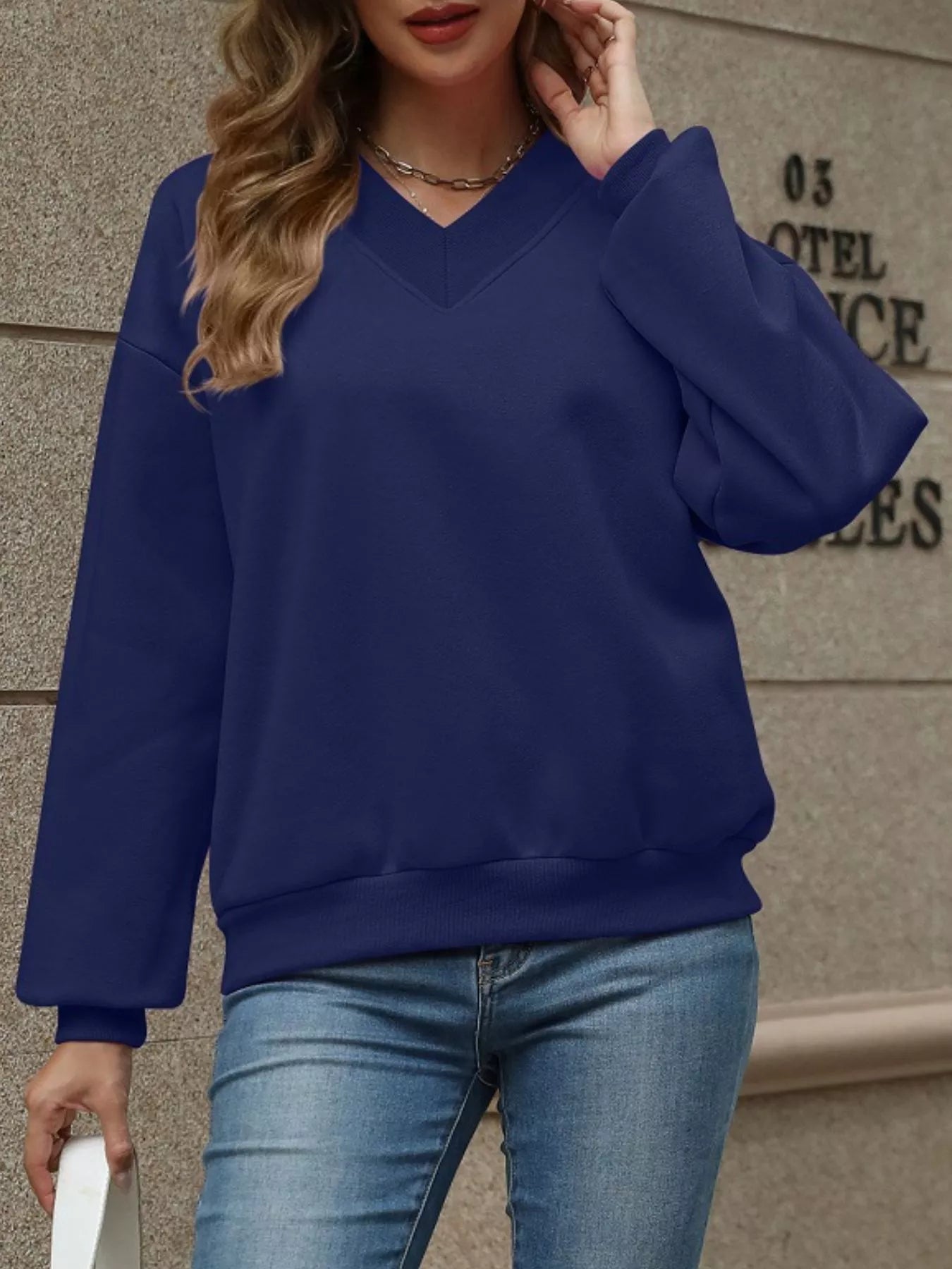 V-Neck Solid Color Casual Sweatshirt