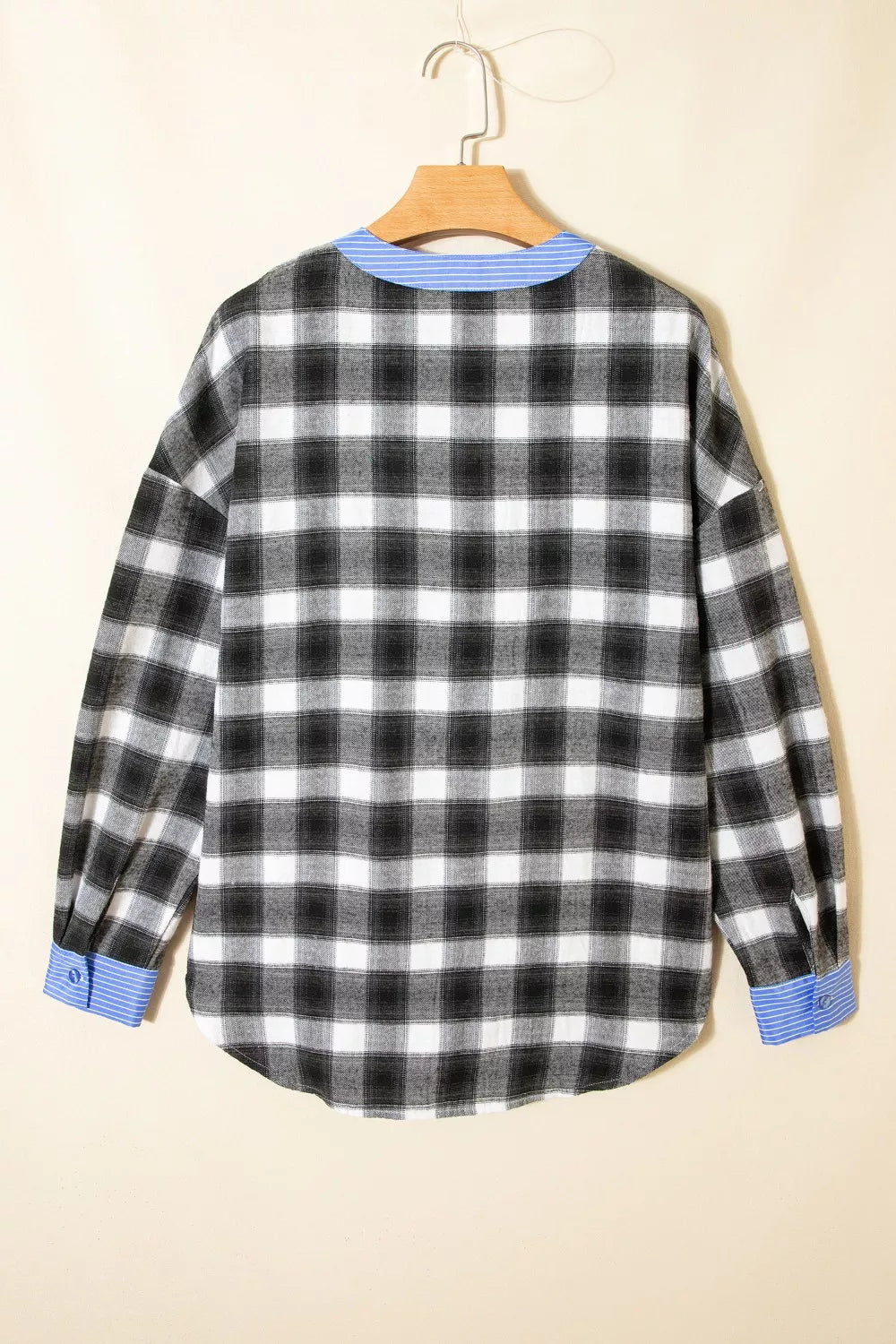 Contrast Striped Edge Half Placket Plaid Blouse