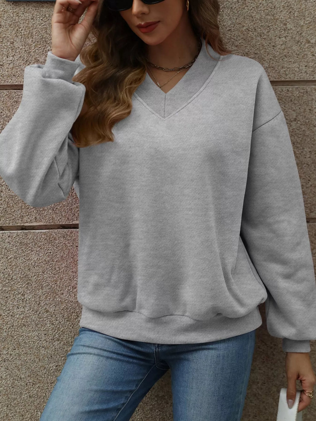 V-Neck Solid Color Casual Sweatshirt