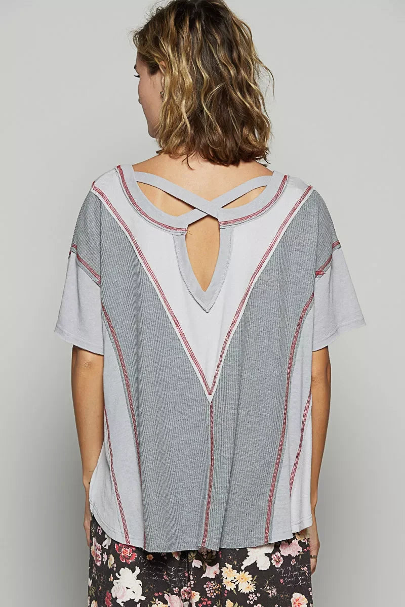 POL Round Neck Short Sleeve Contrast Stitching Top with Back Strap Detail