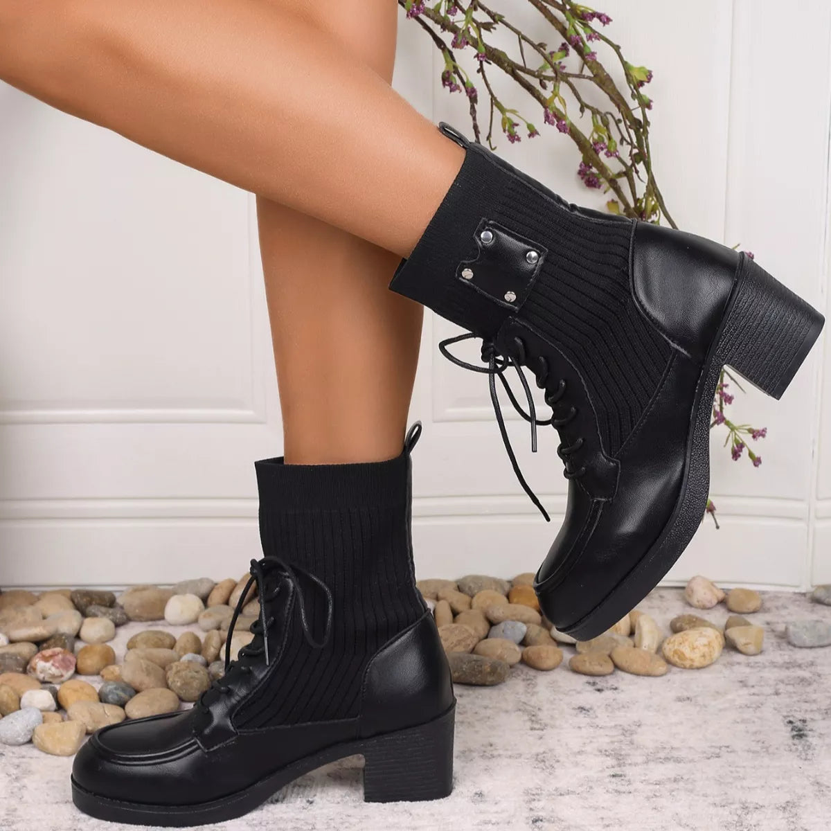 Lace Up Block Heels Boots
