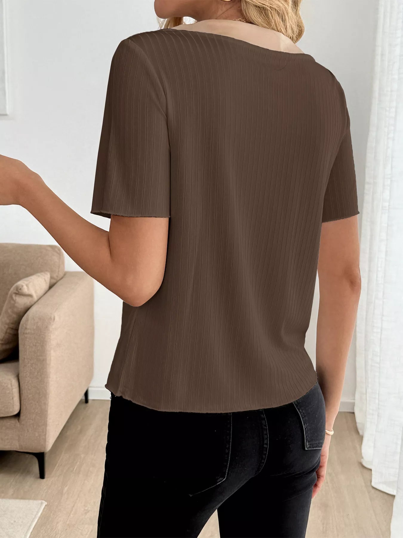Decor Button Round Neck Short Sleeve Blouse