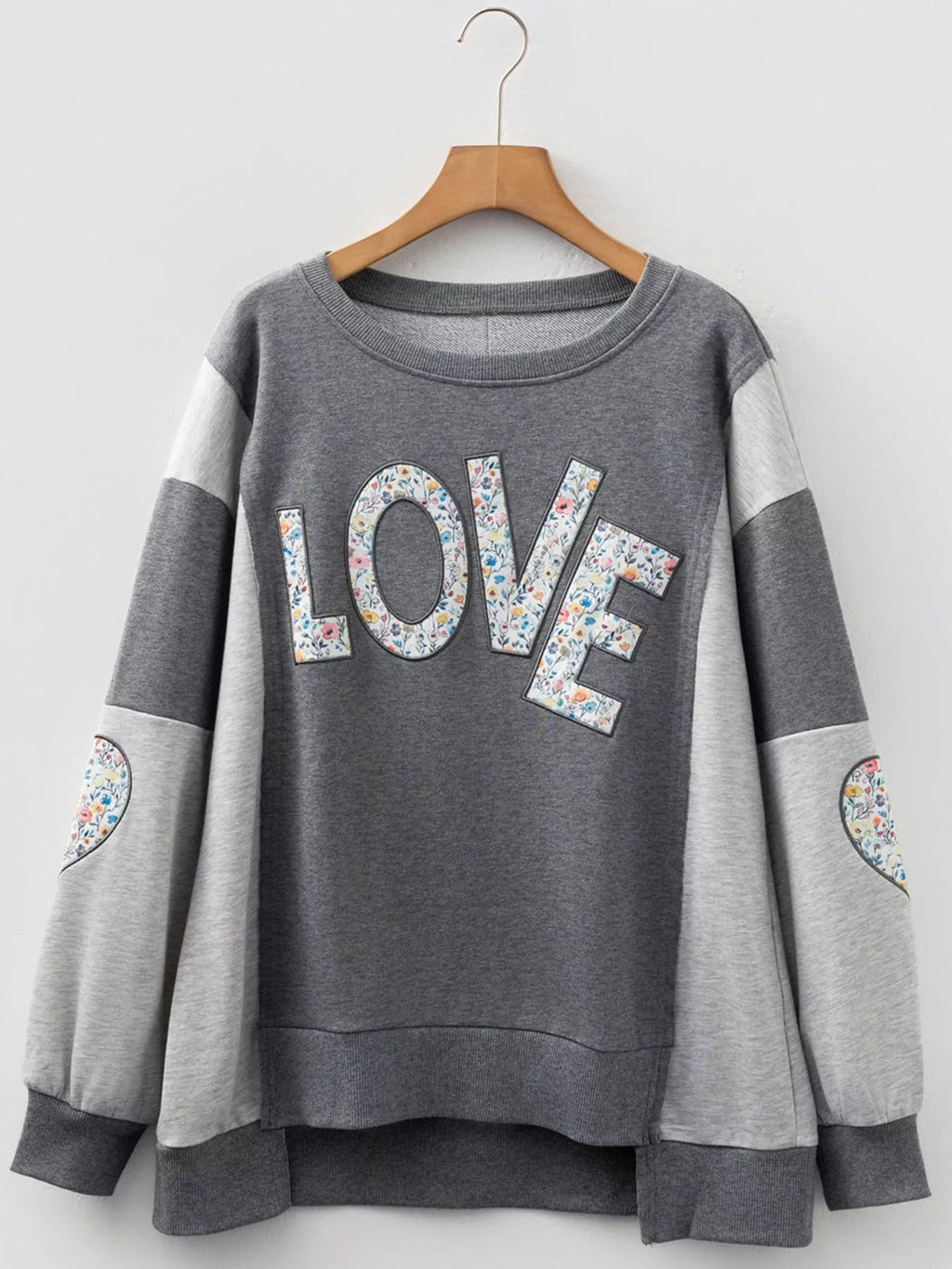 LOVE Graphic Exposed Seam Patchwork Uneven Hem Chic Sweatshirt