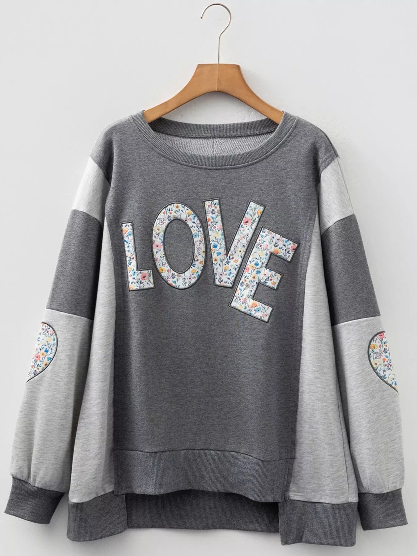 LOVE Graphic Exposed Seam Patchwork Uneven Hem Chic Sweatshirt