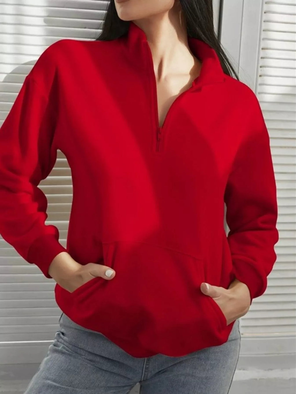 Zip-Up Collar Sweatshirt with Pocket