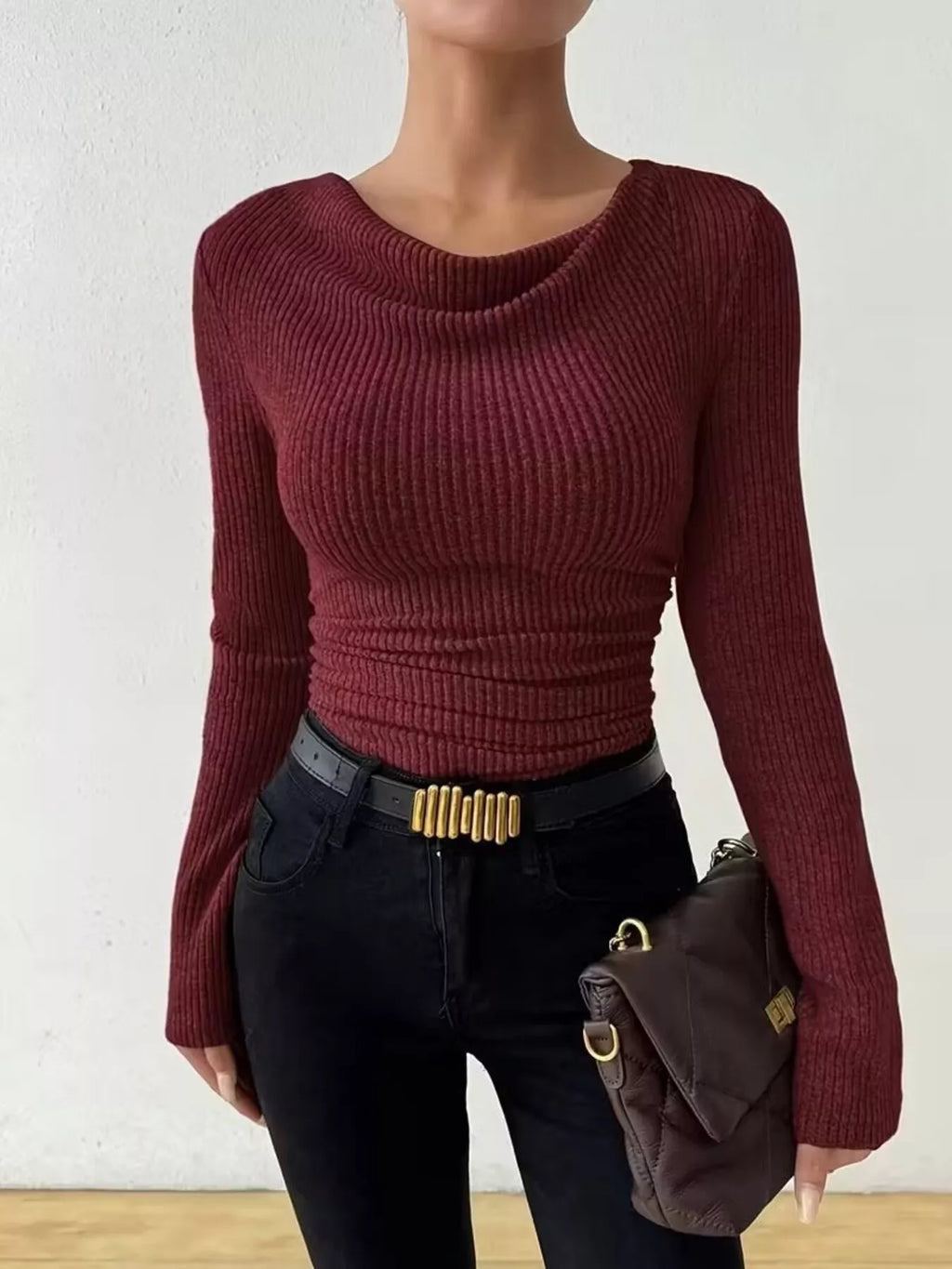 Cowl Neck Ribbed Knit Top