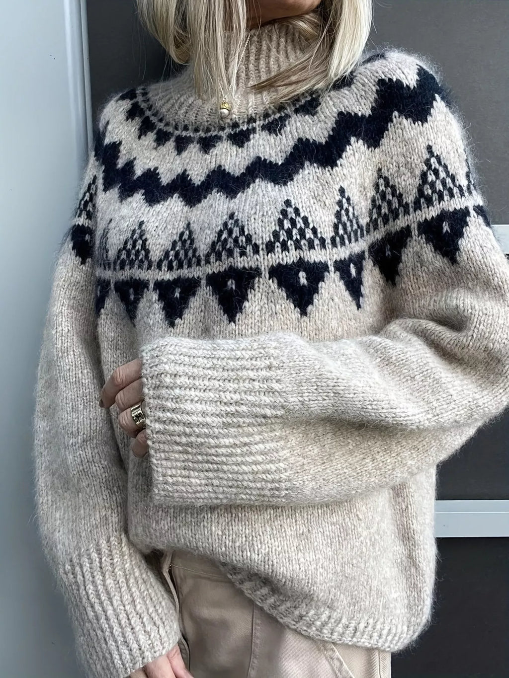 Nordic Pattern High Neck Sweater