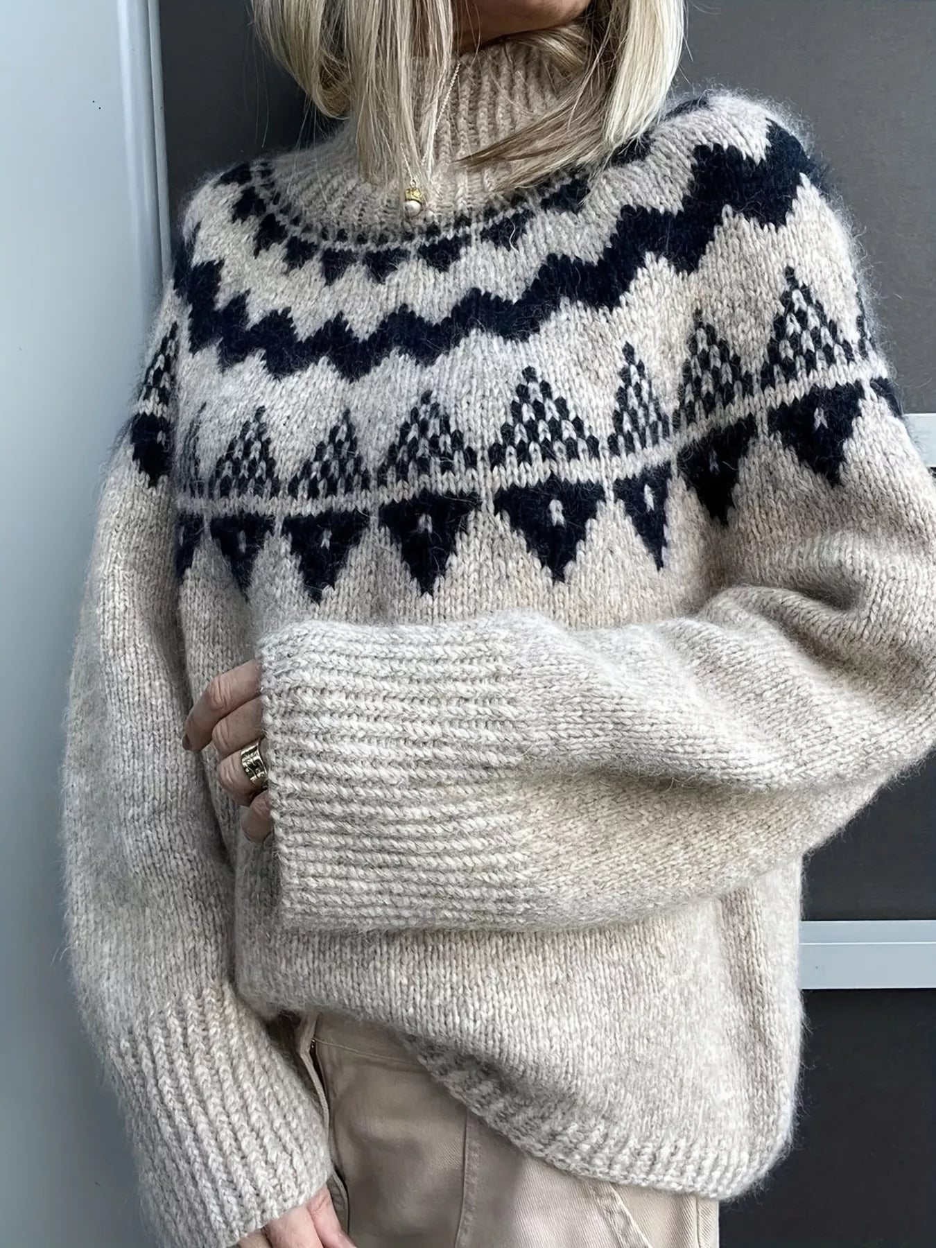 Nordic Pattern High Neck Sweater