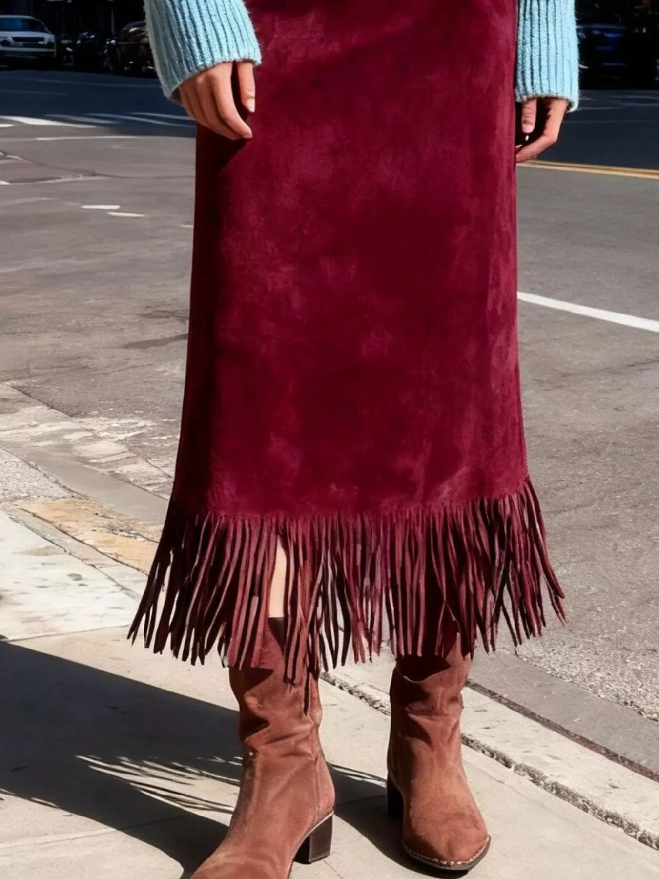 Suede Fringe Midi Skirt