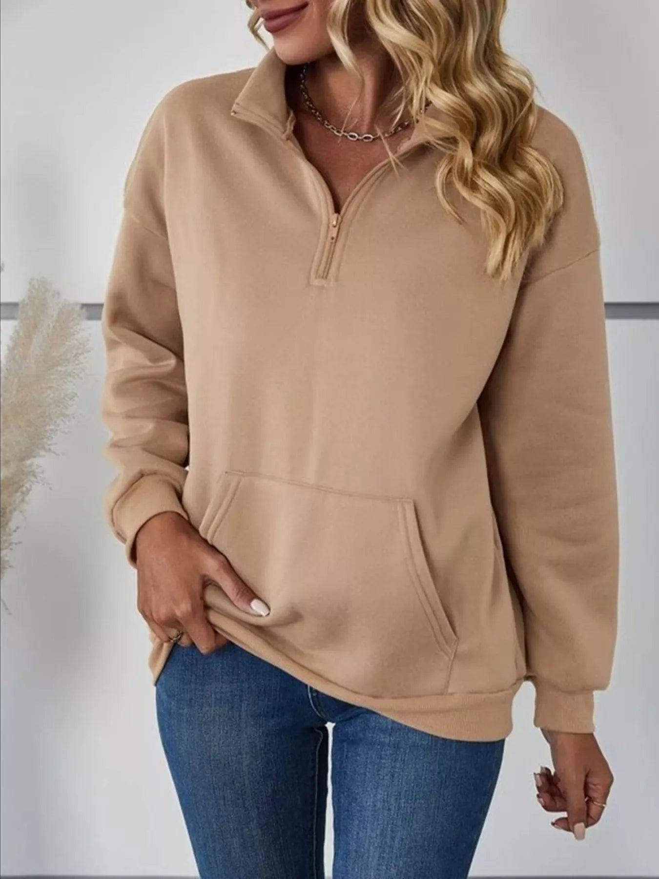 Zip-Up Collar Sweatshirt with Pocket