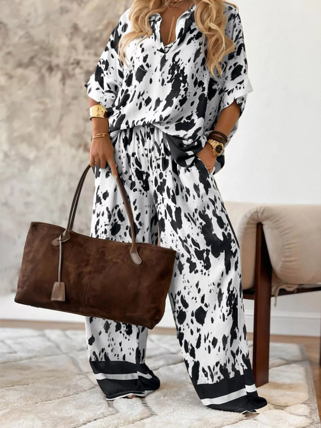 Printed Relaxed Fit Top and Wide Leg Pants Set