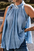 Textured Pleated Tied Mock Neck Flowy Tank Top