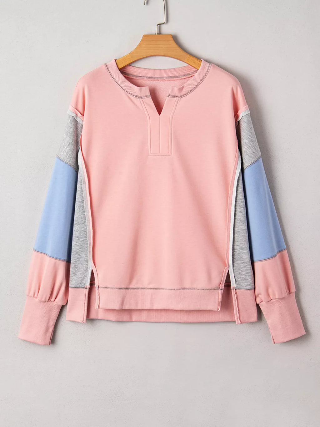 Exposed Seam Color Block Patchwork Slit Cuffs Oversize Sweatshirt