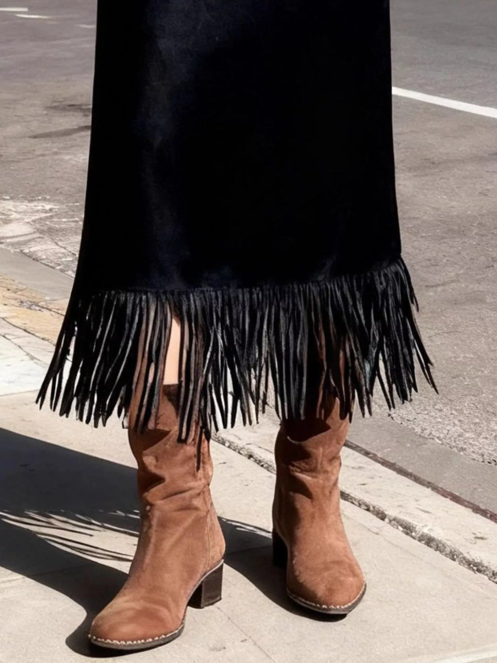 Suede Fringe Midi Skirt