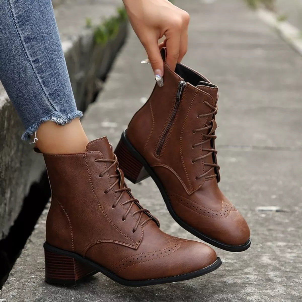 Lace-Up Ankle Boots with Zipper