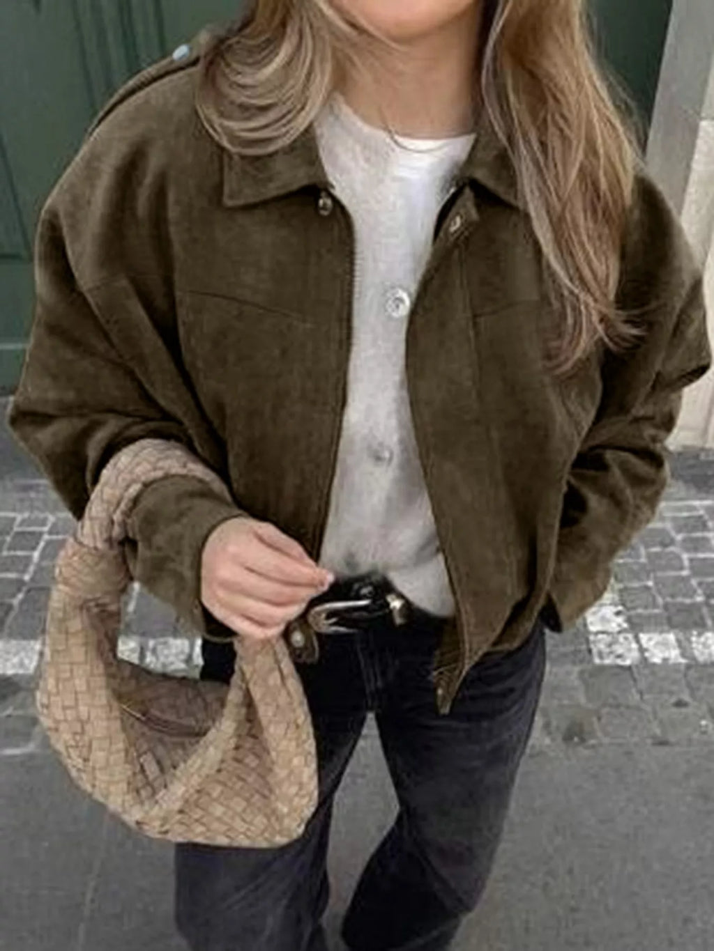 Plus Size Suede Cropped Bomber Jacket