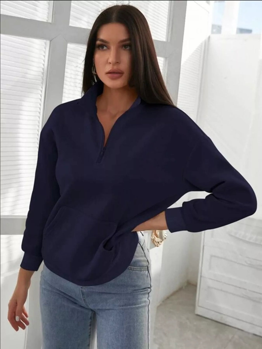 Zip-Up Collar Sweatshirt with Pocket