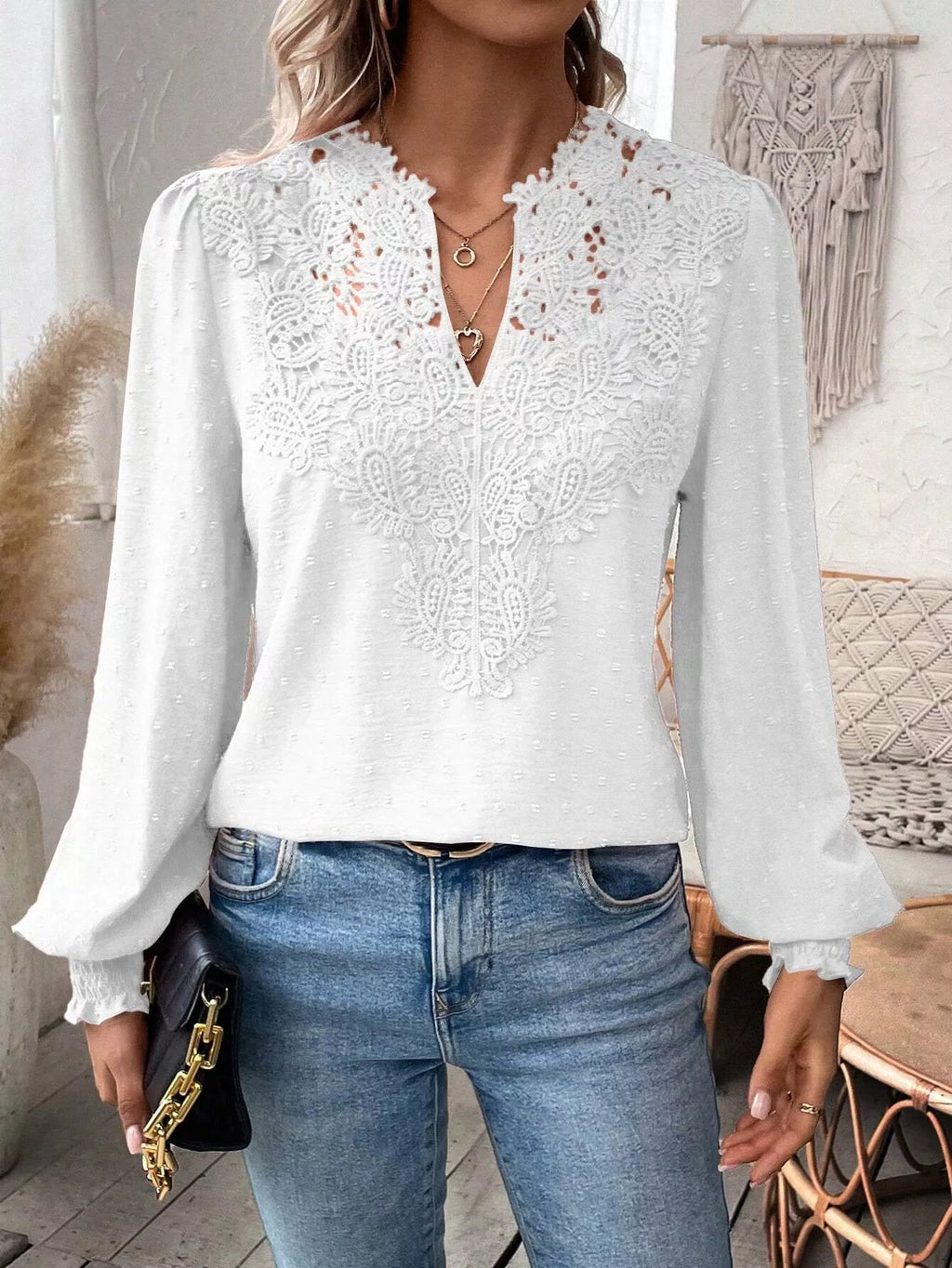 Lace Trim Long Sleeve Blouse