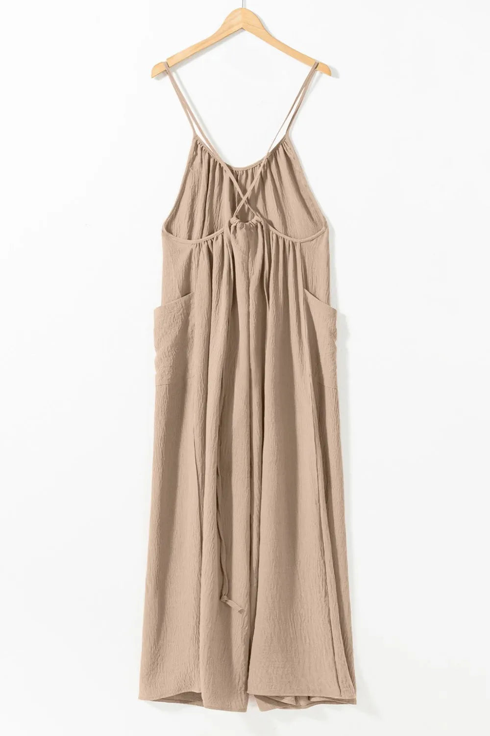 Spaghetti Strap Waist Tie Wide Leg Jumpsuit with Pockets