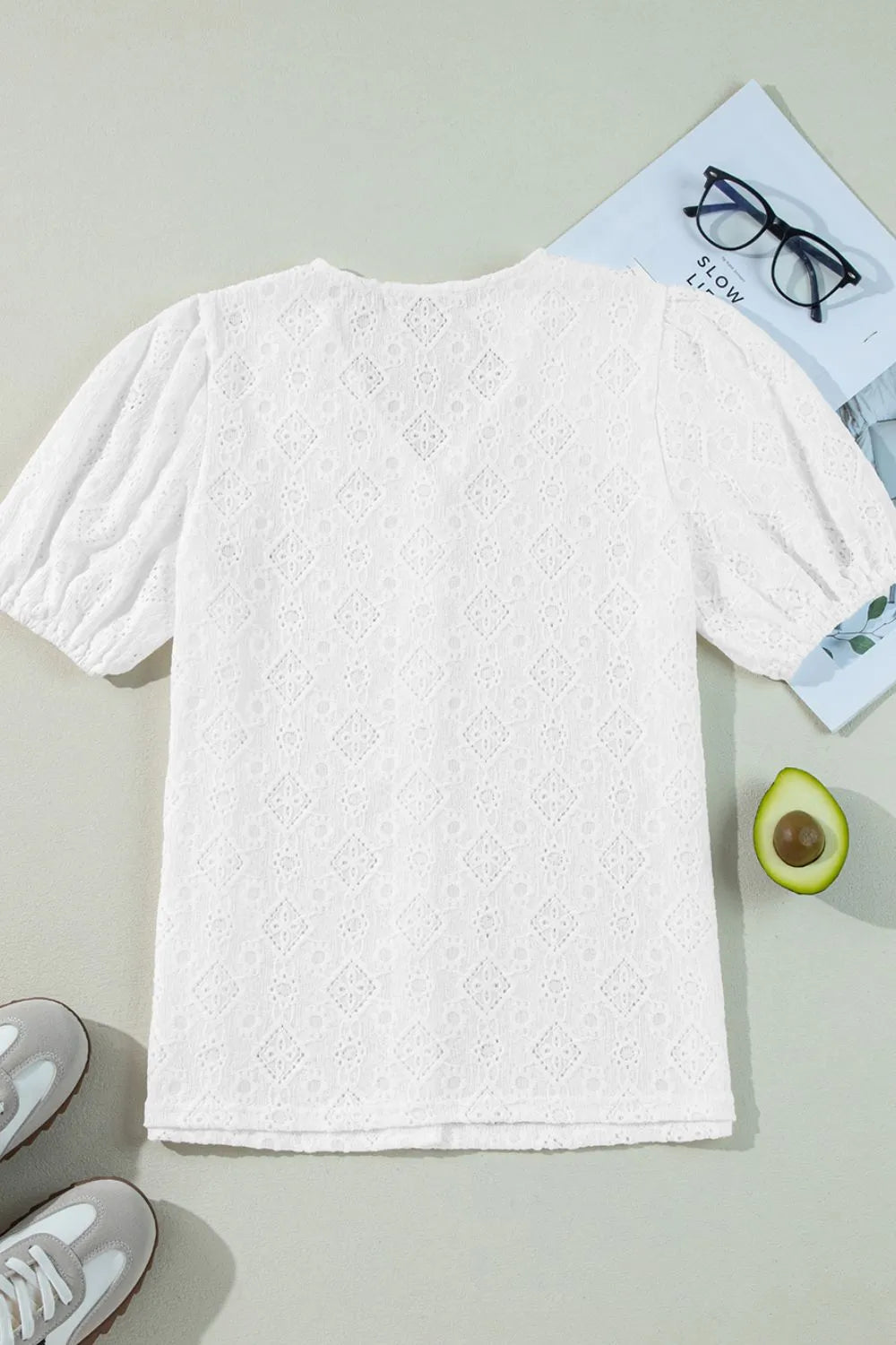 Lace Puff Sleeve V Neck Button Up Shirt