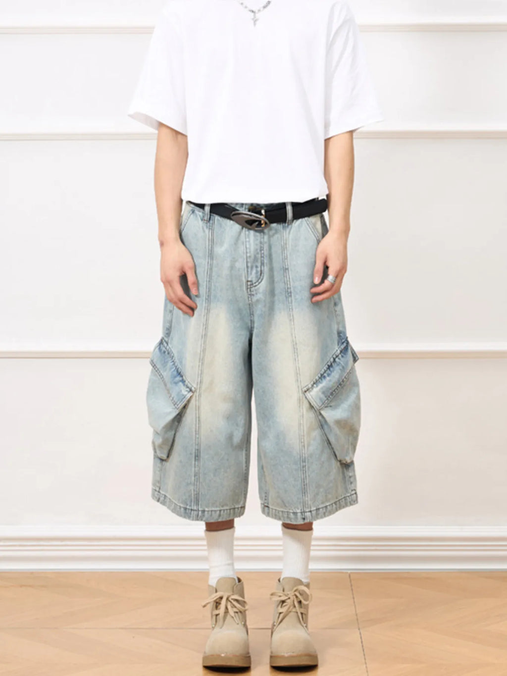 Men's Vintage Wash Wide-Leg Capris Jeans