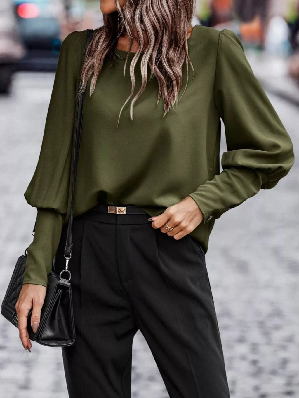 Back Button Lantern Sleeve Blouse