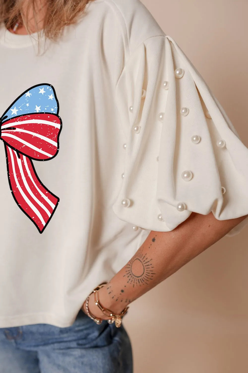 Bowknot Graphic Pearl Puff Half Sleeve T Shirt
