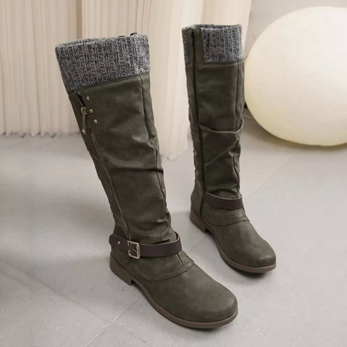 Knee High Slouch Boots with Knit Cuff