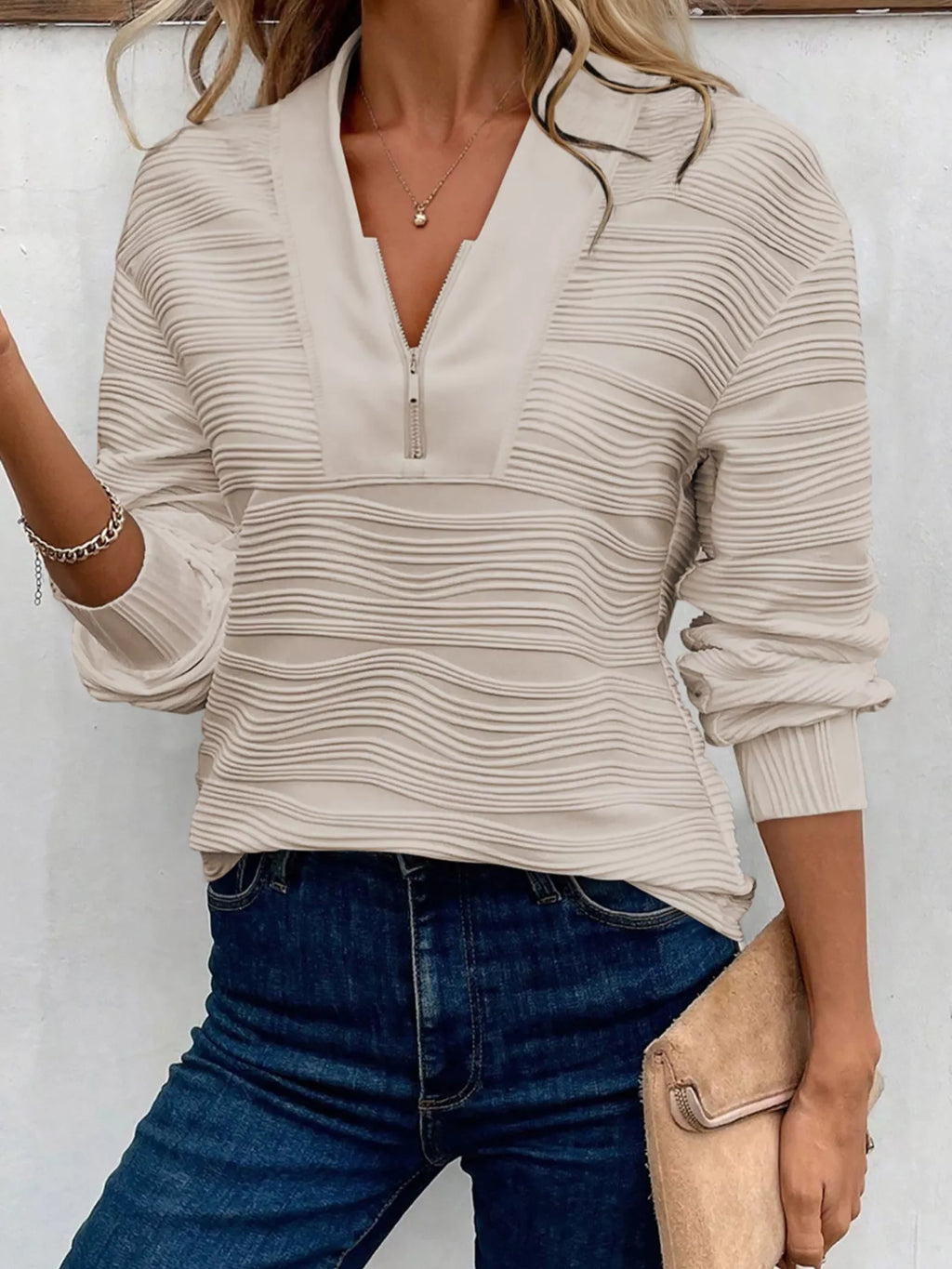 Solid Color Textured Zip V Neck Pullover Sweatshirt