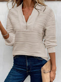 Solid Color Textured Zip V Neck Pullover Sweatshirt