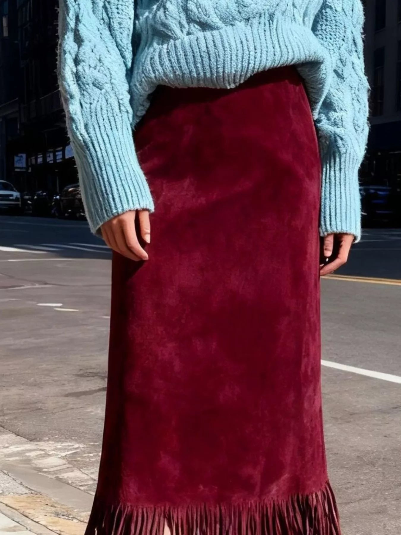 Suede Fringe Midi Skirt