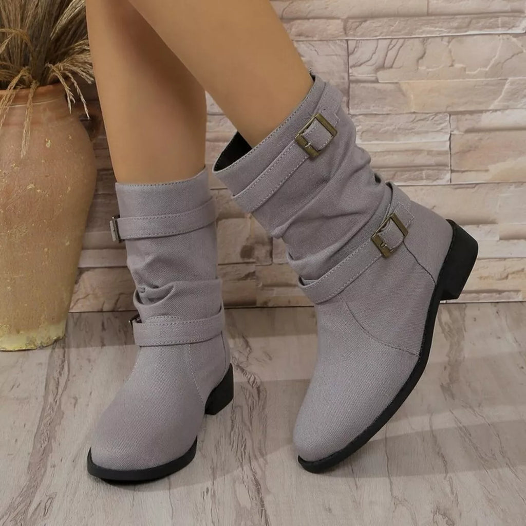 Buckle Accent Block Heel Boots