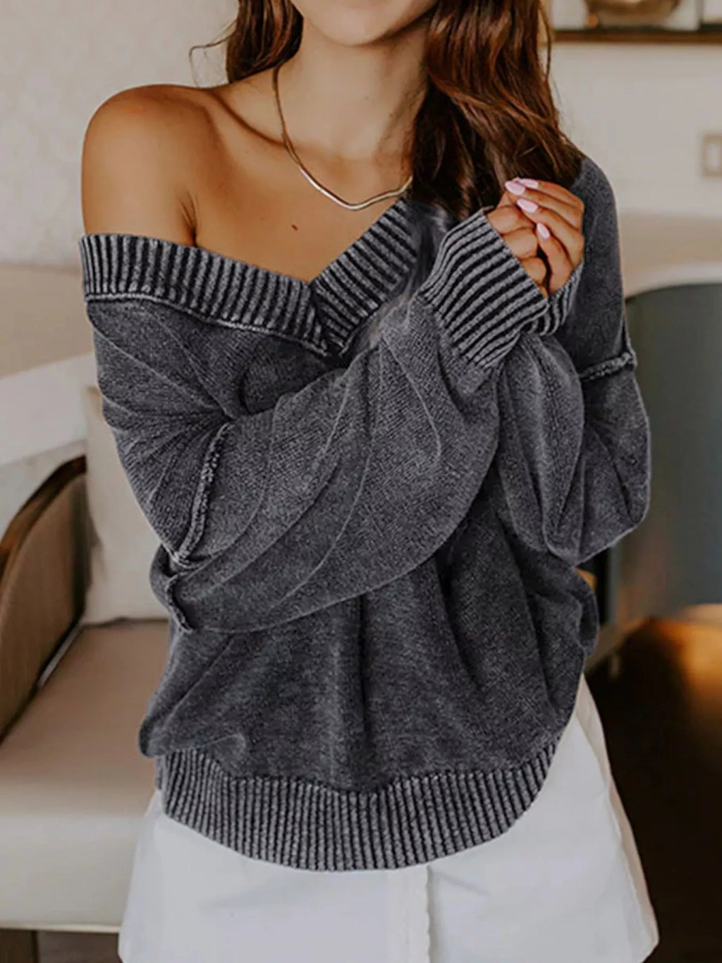 Wash V-Neck Long Sleeve Sweater