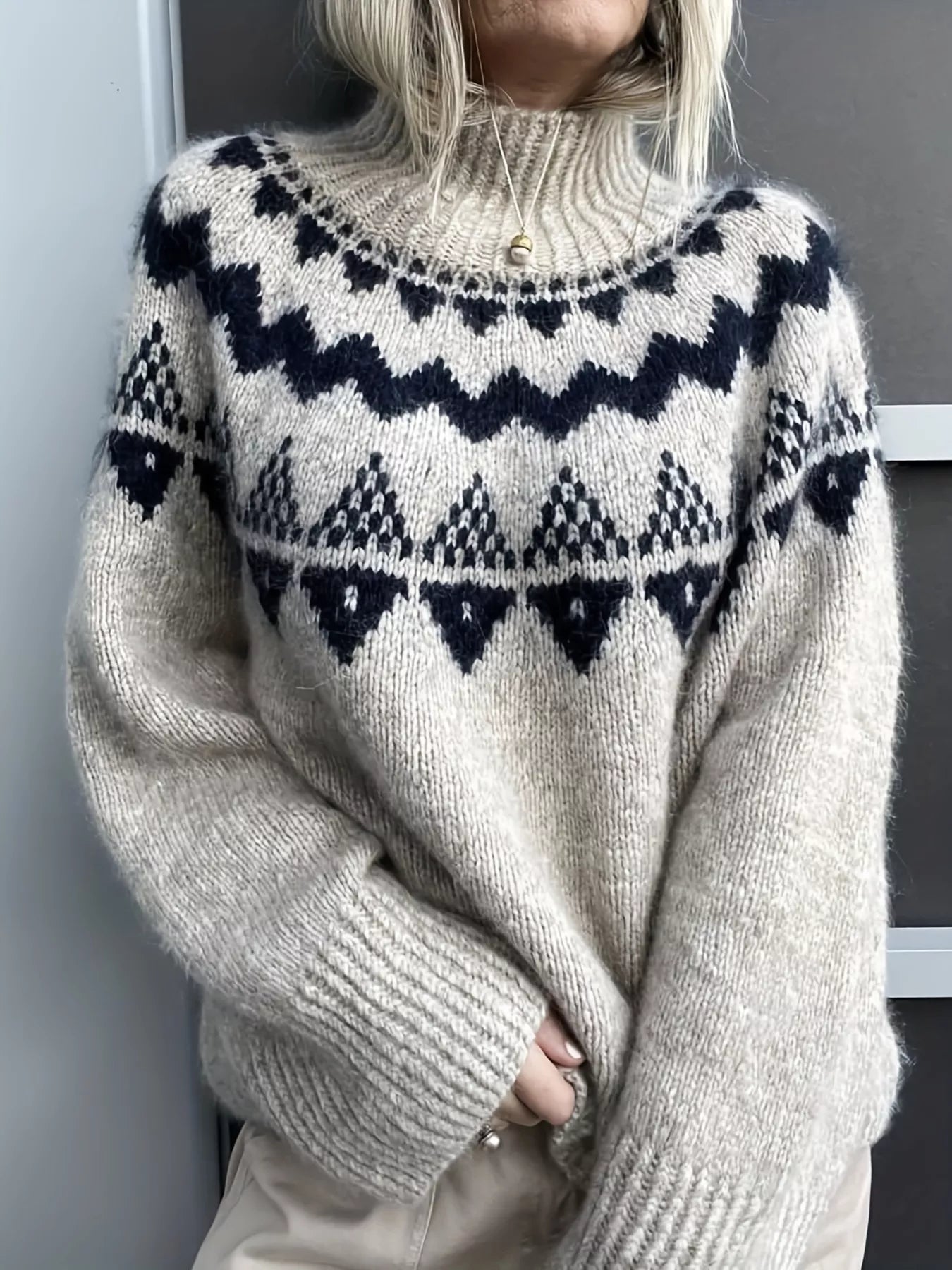 Nordic Pattern High Neck Sweater