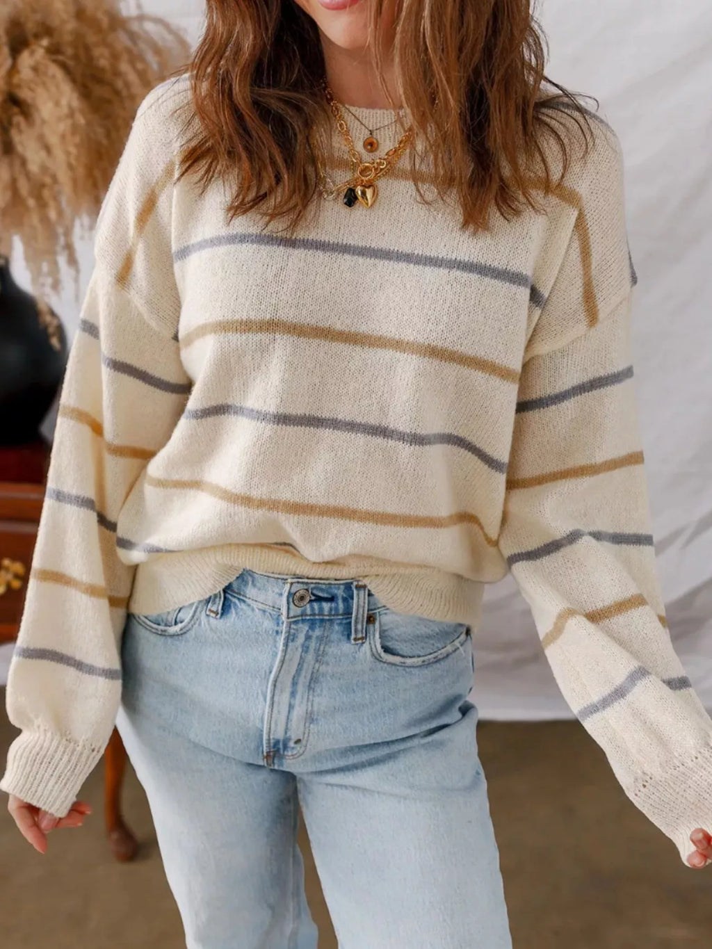 Striped Knit Round Neck Sweater