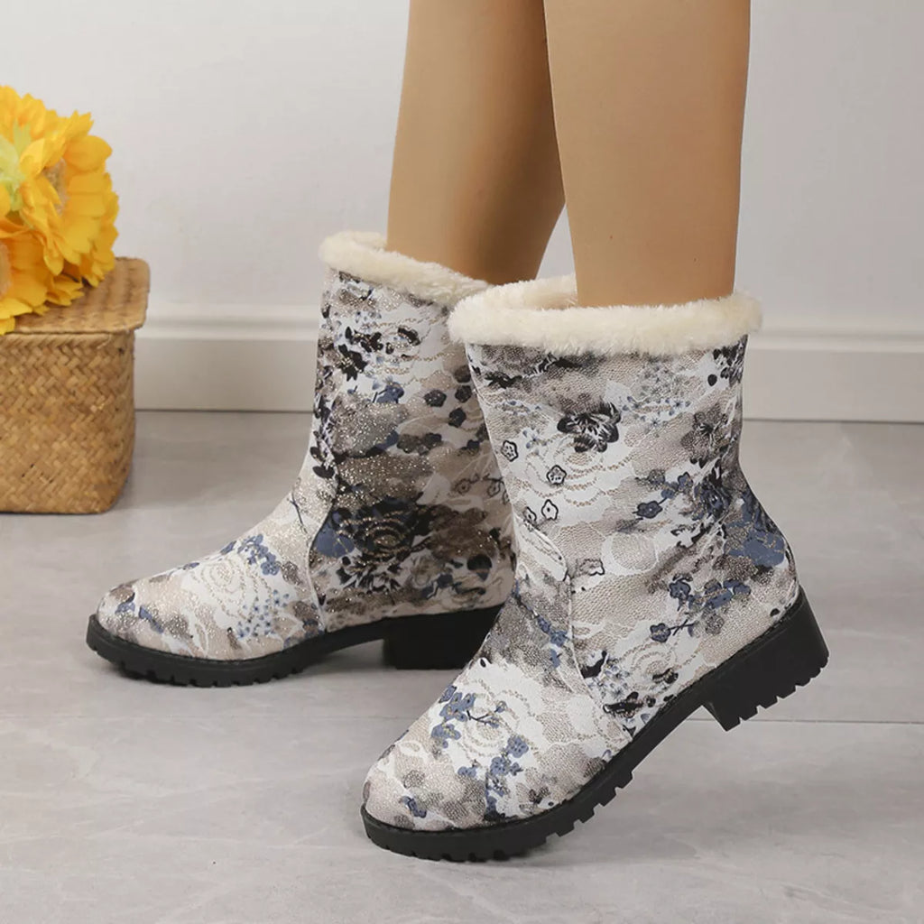 Floral Print Warm Lined Ankle Boots