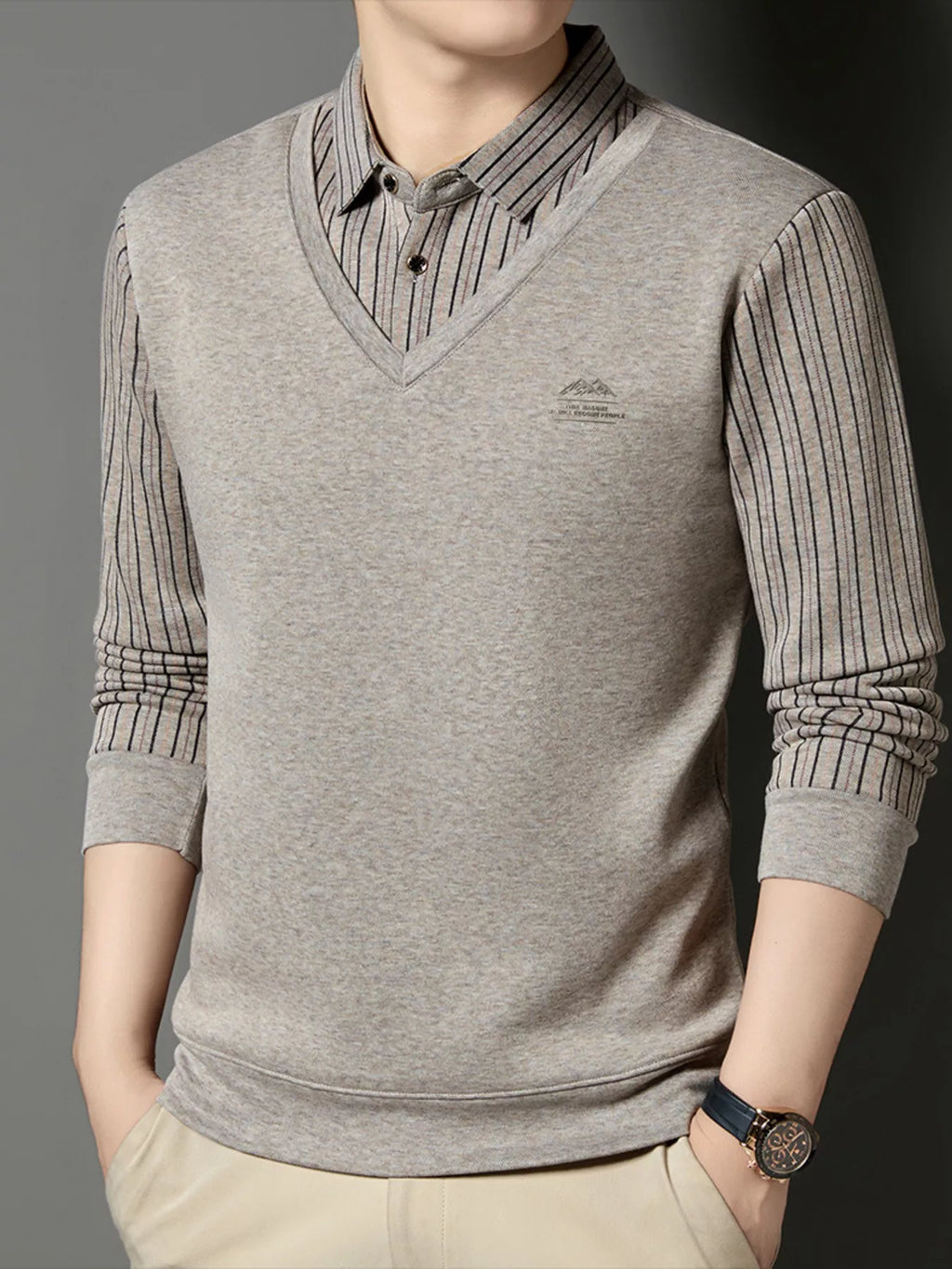 Men's Plus Size Striped Long Sleeve Polo