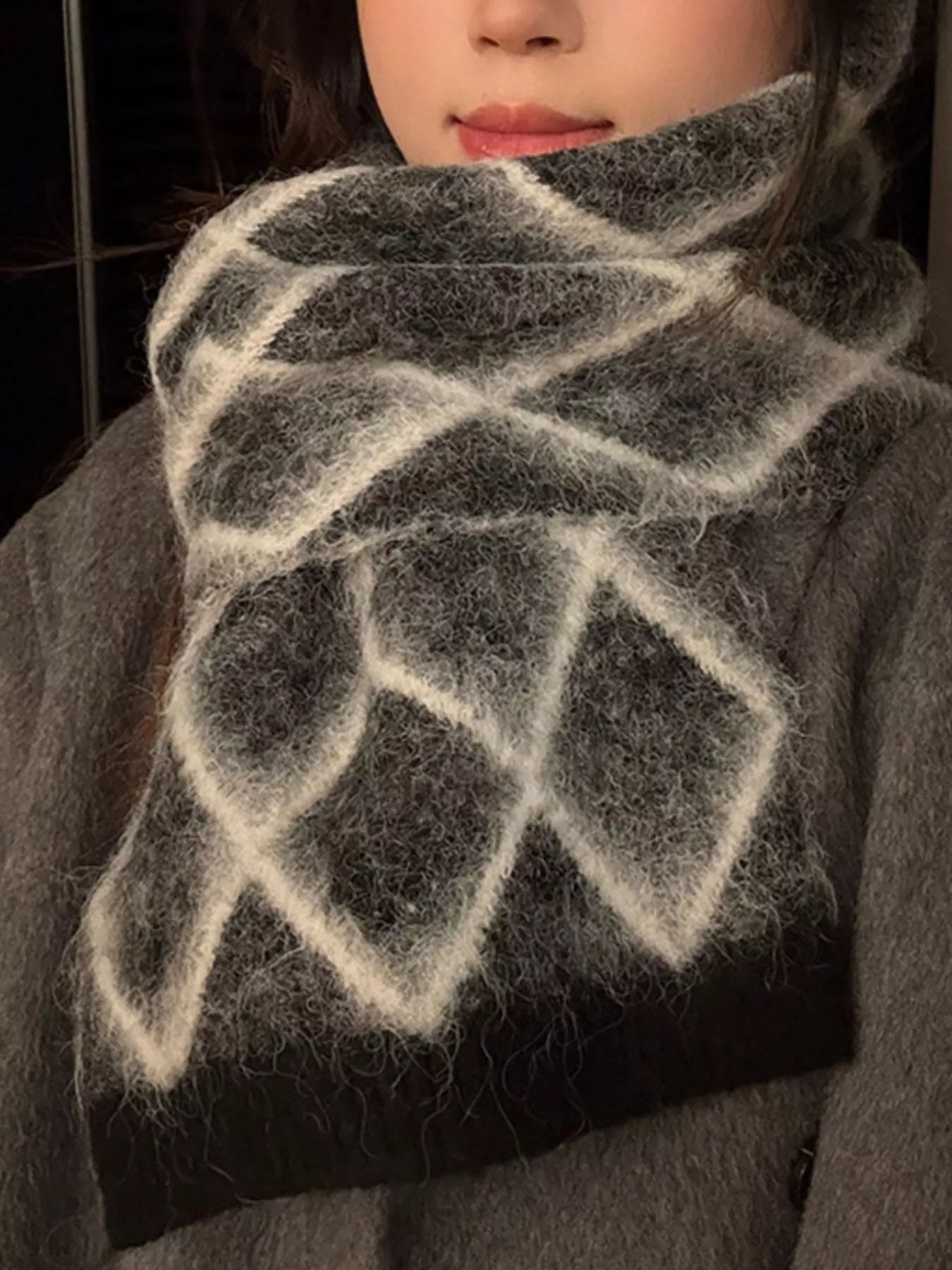 Diamond Pattern Fuzzy Knit Scarf