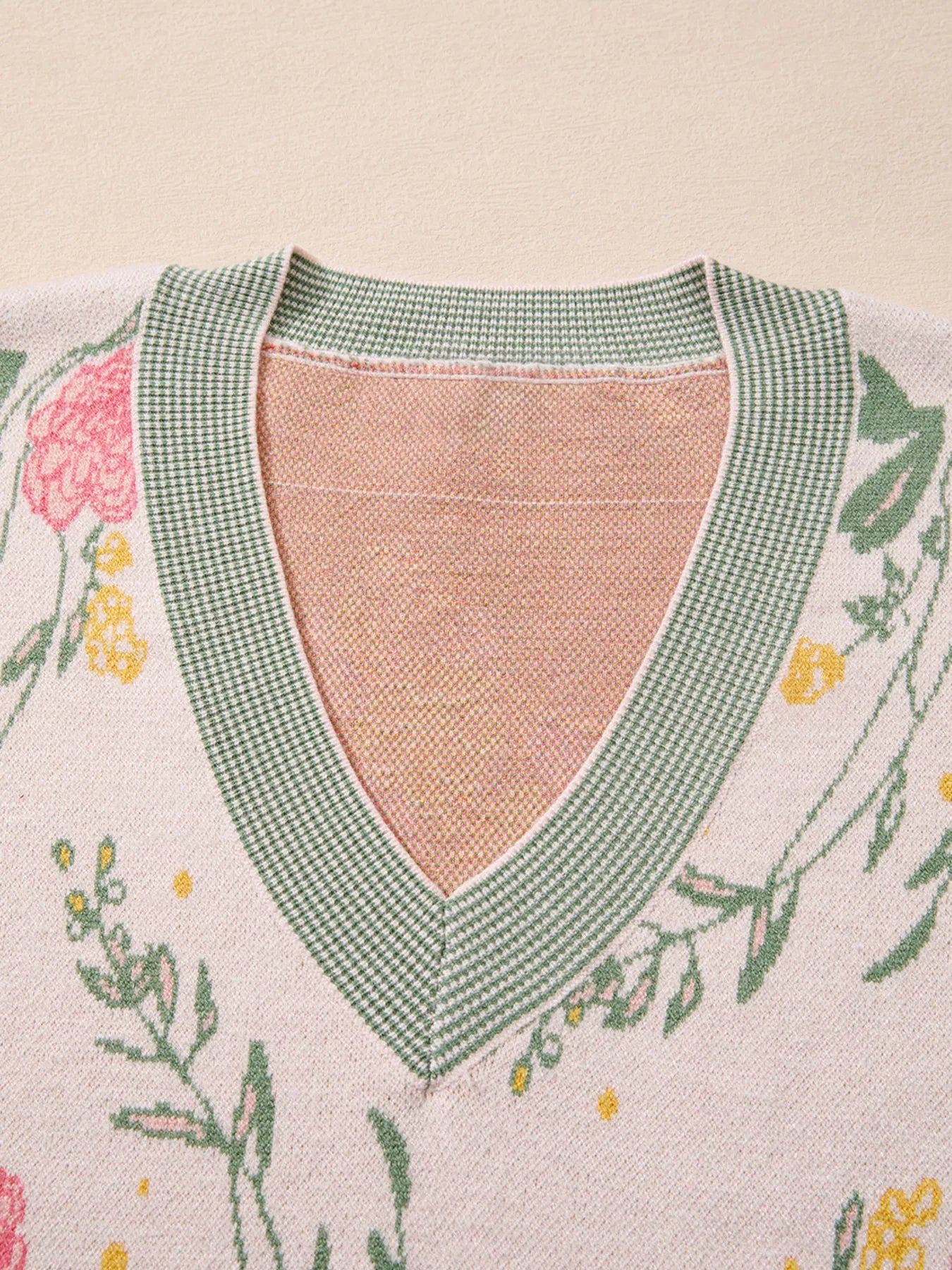 Floral Pattern Striped V Neck Loose Sweater