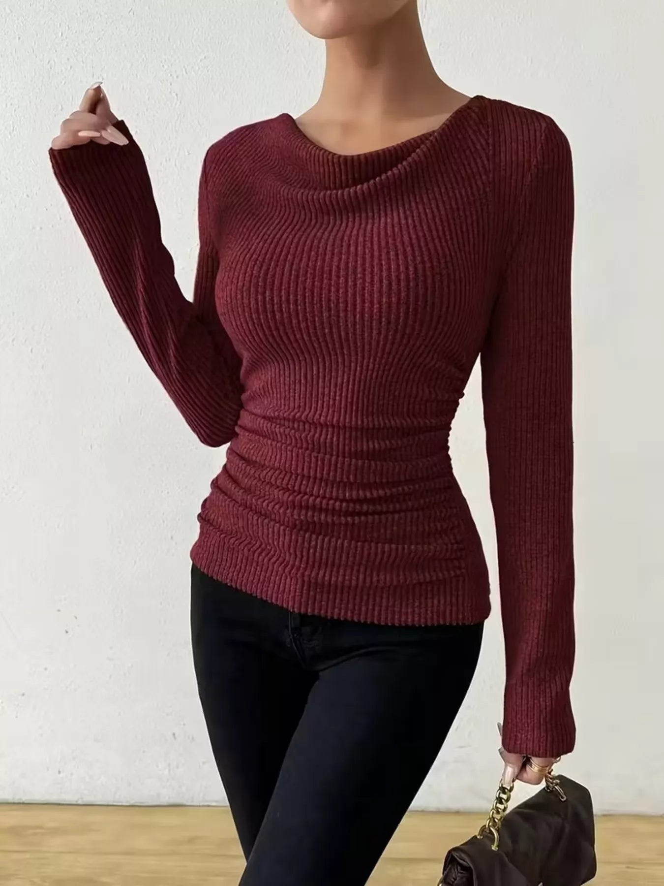 Cowl Neck Ribbed Long Sleeve Sweater