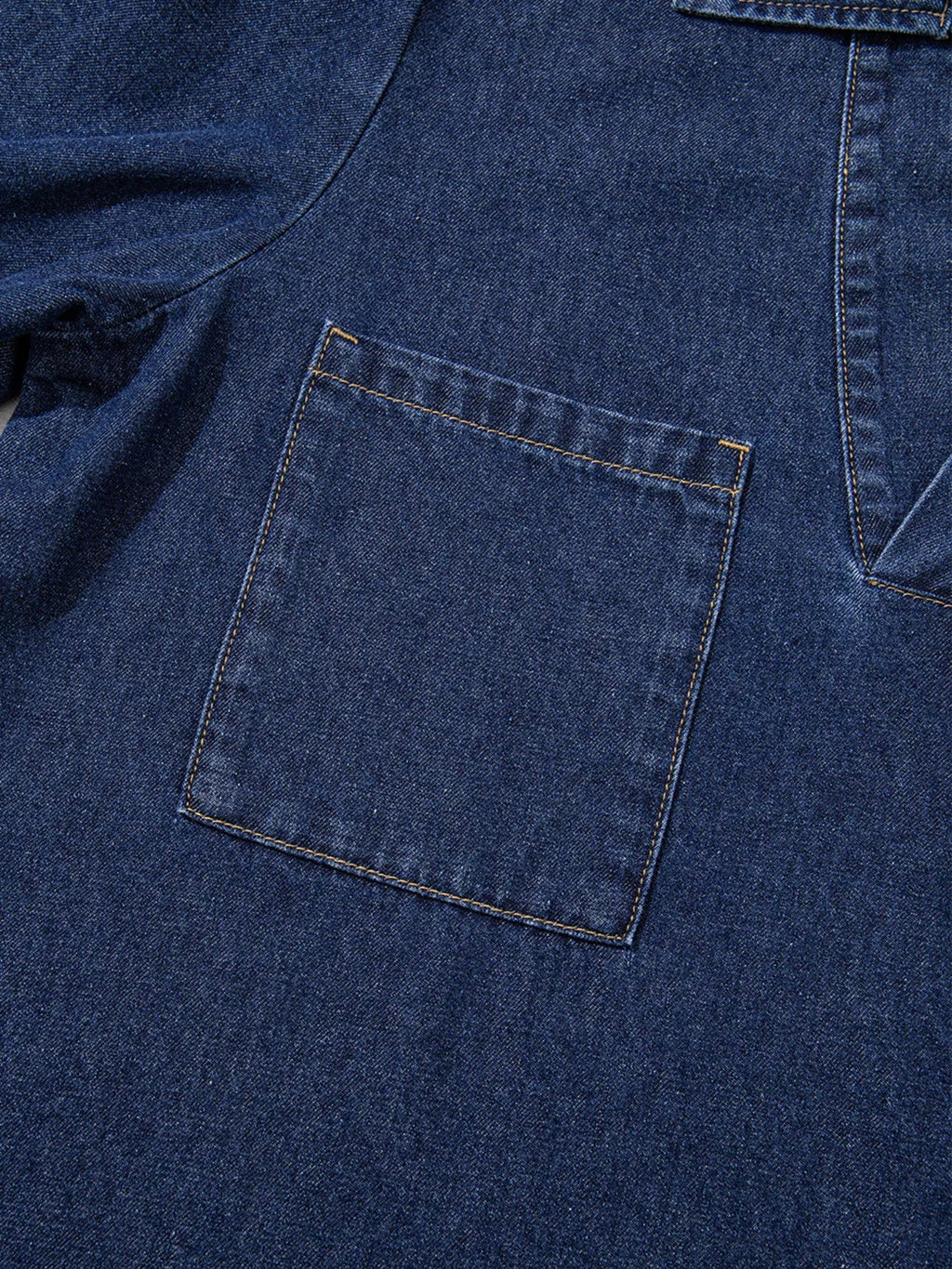 V Neck Collared Single Chest Pocket Long Sleeve Denim Dress