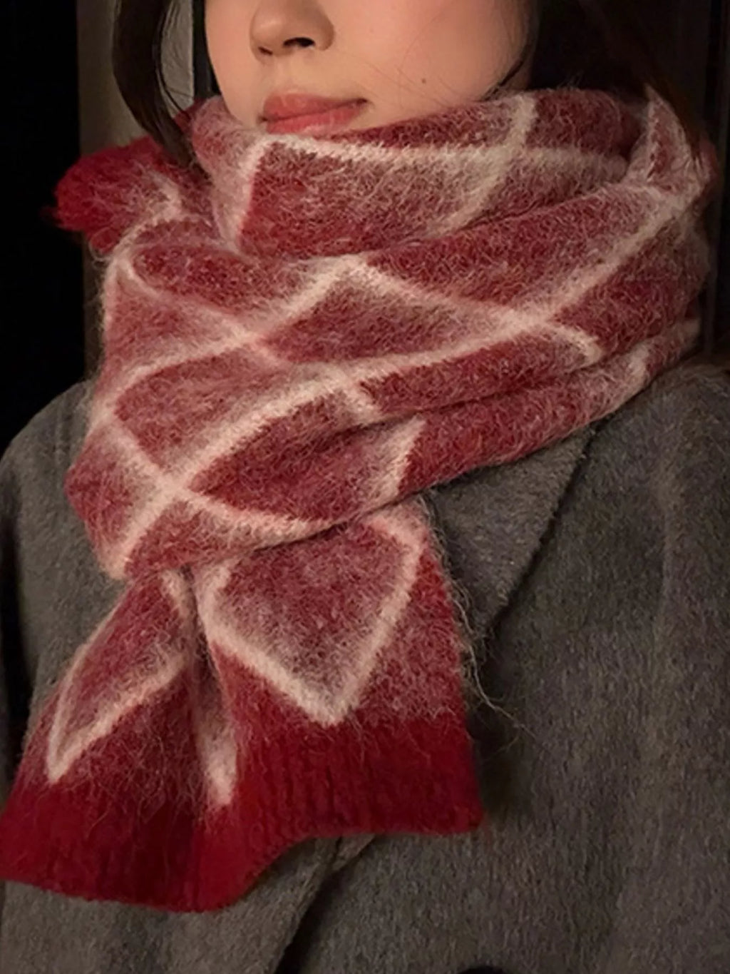 Diamond Pattern Fuzzy Knit Scarf