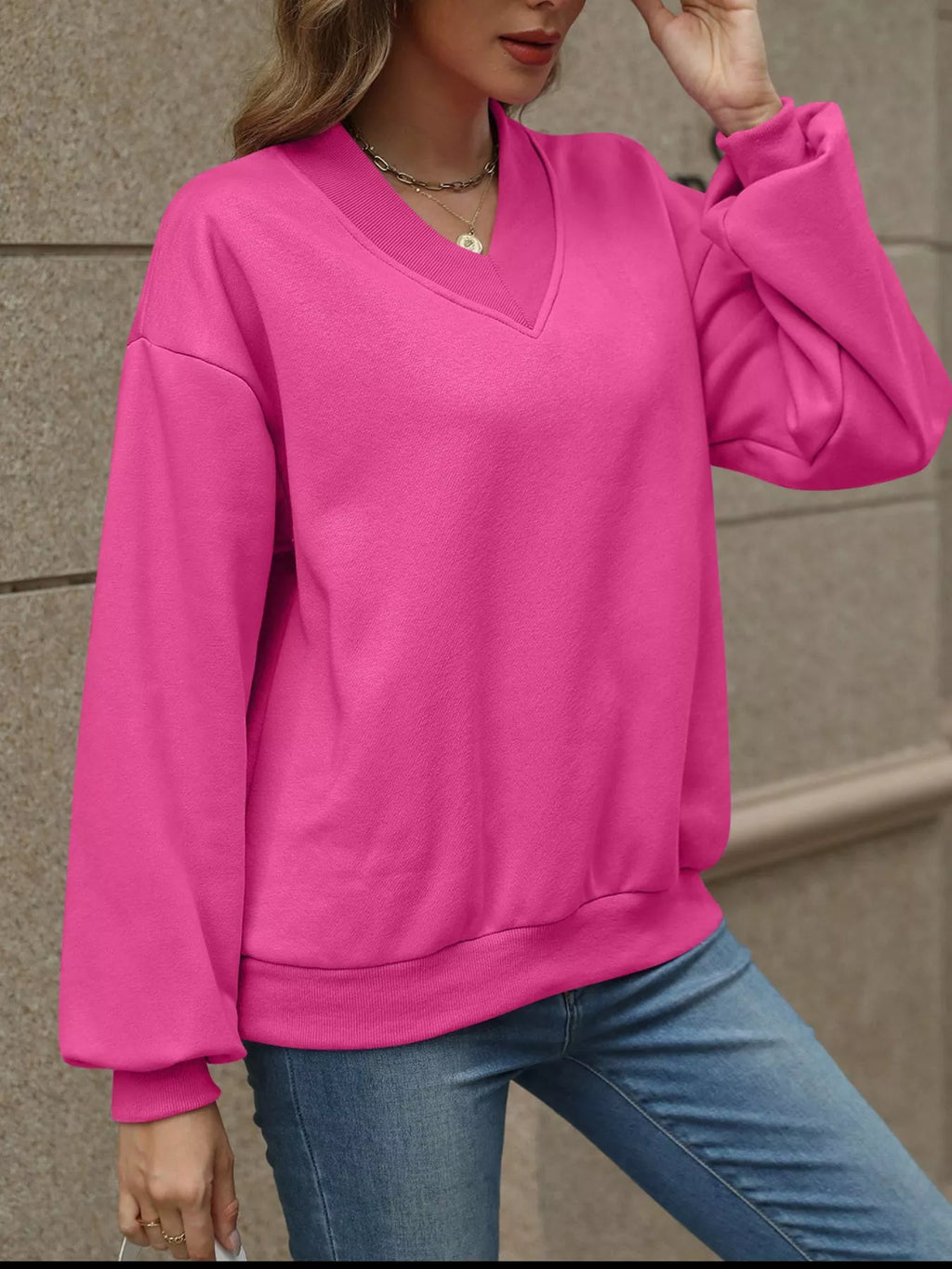 V-Neck Solid Color Casual Sweatshirt