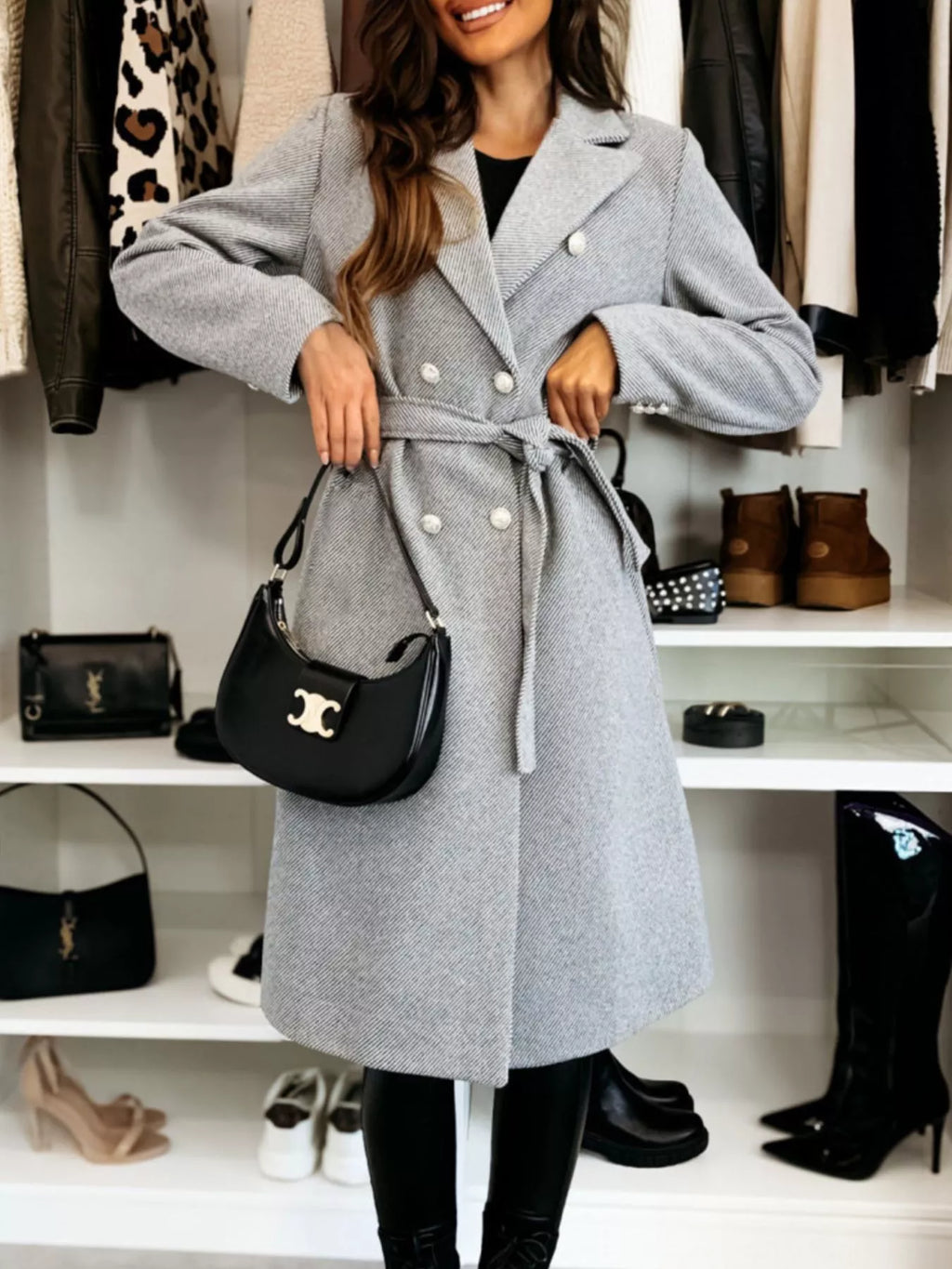 Double-Breasted Tie Waist Overcoat