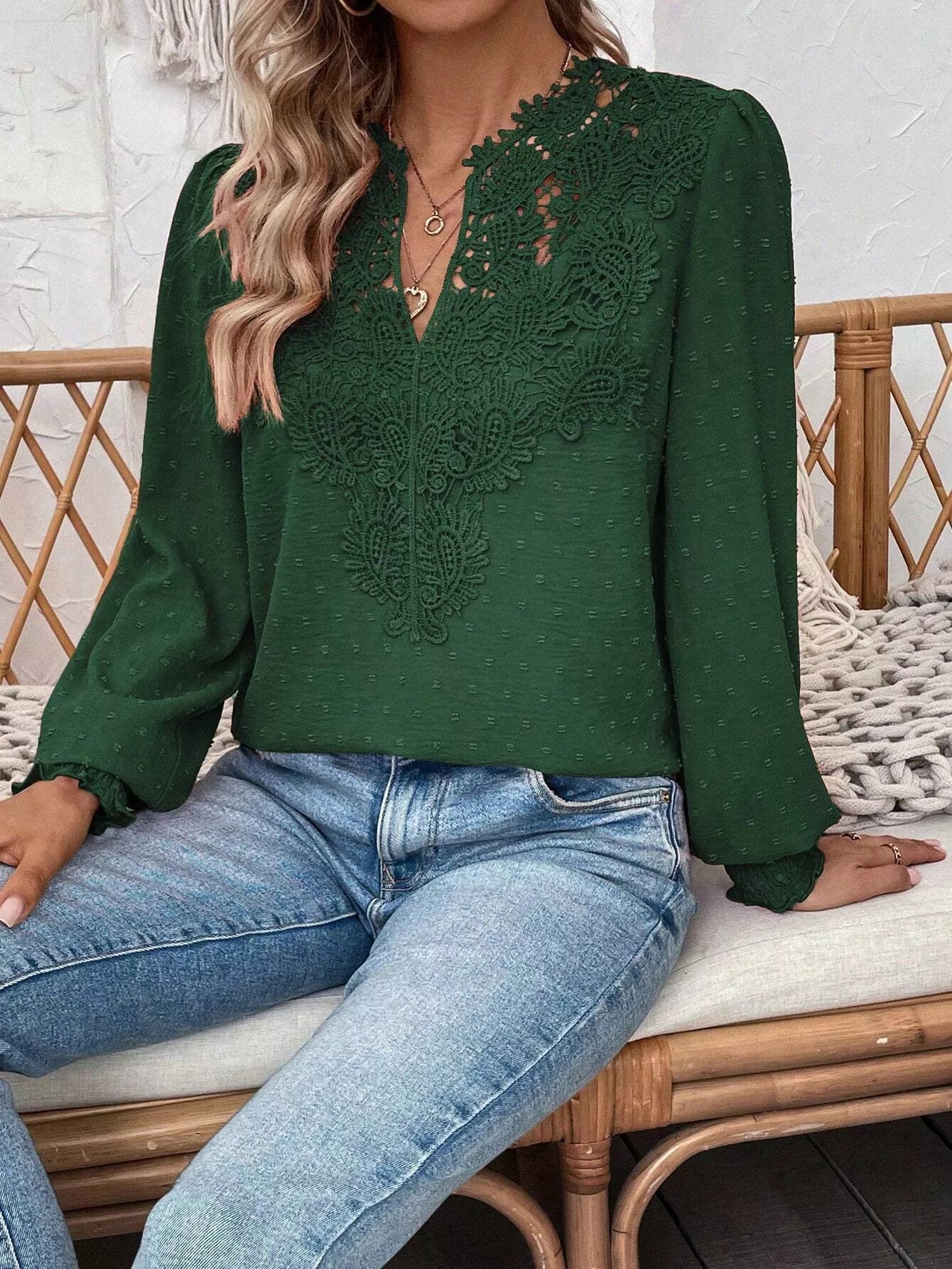 Lace Trim Long Sleeve Blouse