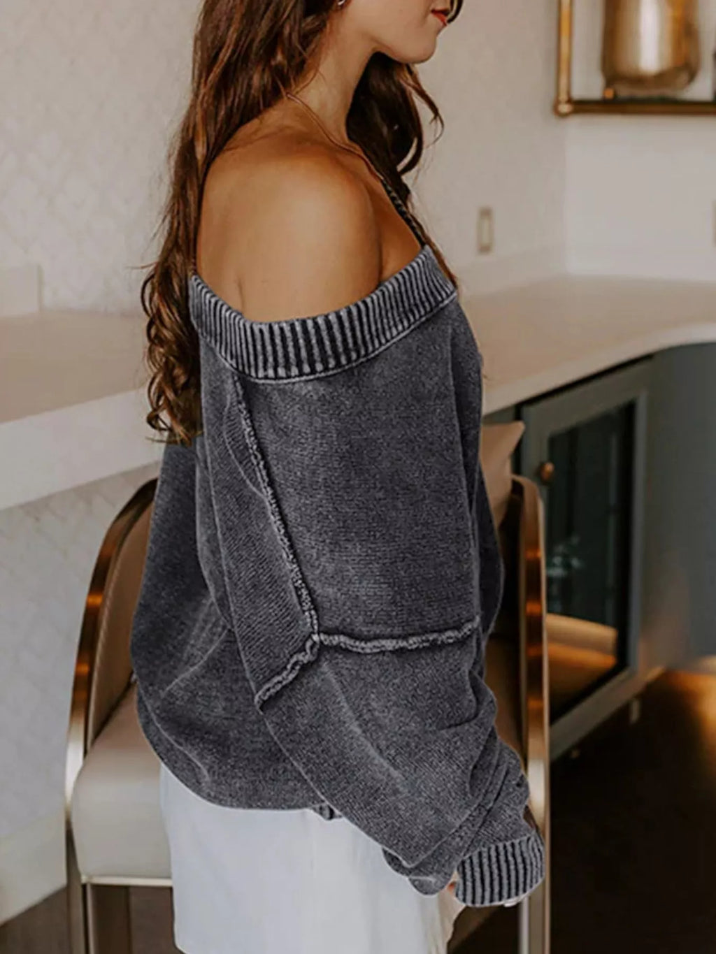 Wash V-Neck Long Sleeve Sweater